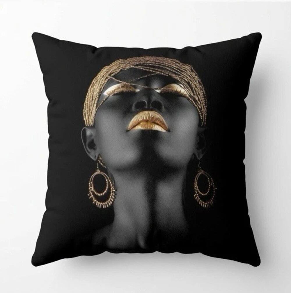 Black Gold African Woman Throw Pillow Case Cover Modern Glam Cushion Art Decor
